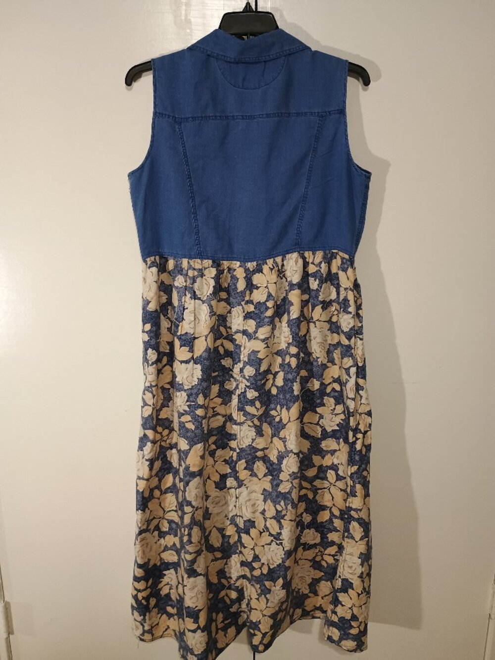 Vintage Y2K Blue Linen Blend Floral Button Front Sleeveless Midi Dress Women's - Picture 3 of 7